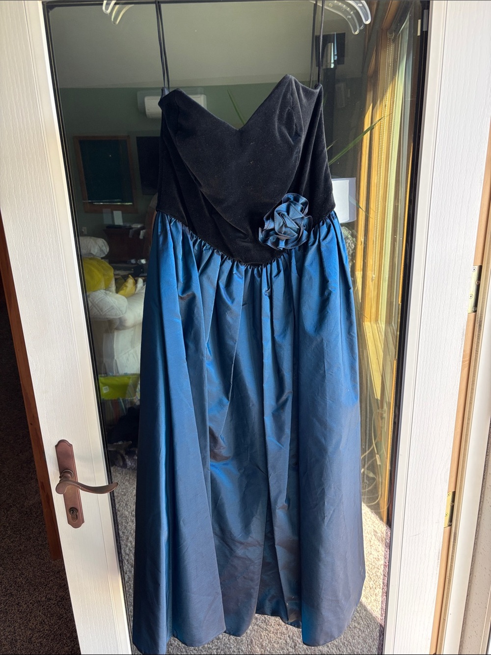 Classic Strapless Evening Gown with Black Velvet Bodice and Blue Satin Skirt